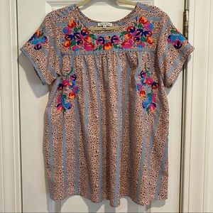 Multi-Colored Embroidered Short Sleeve Blouse